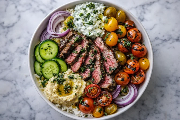 Cozy Mediterranean Steak Bowl With Hummus  Veg