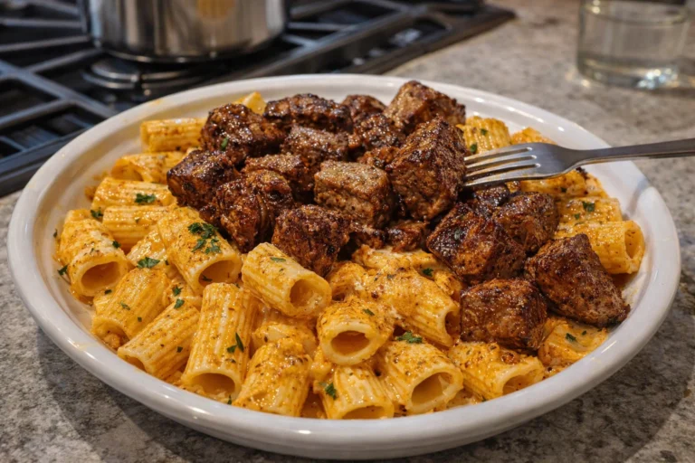Cajun Steak Tips in Cheesy Rigatoni Parmesan Sauce