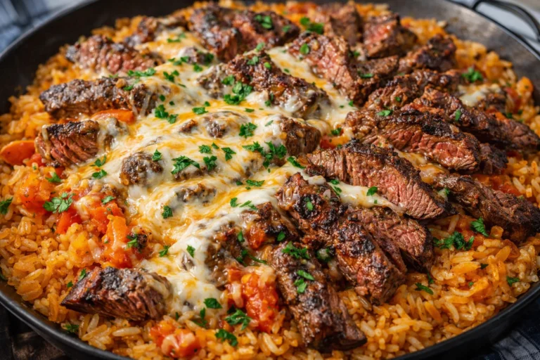 Creamy Queso Rice with Juicy Steak Strips