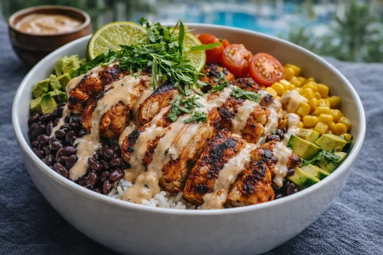 Chipotle Chicken Bowl with Black Beans, Corn,  Creamy Sauce