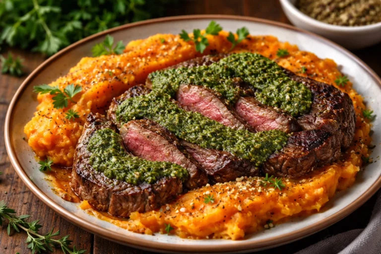 Steak with Green Sauce and Mashed Sweet Potatoes