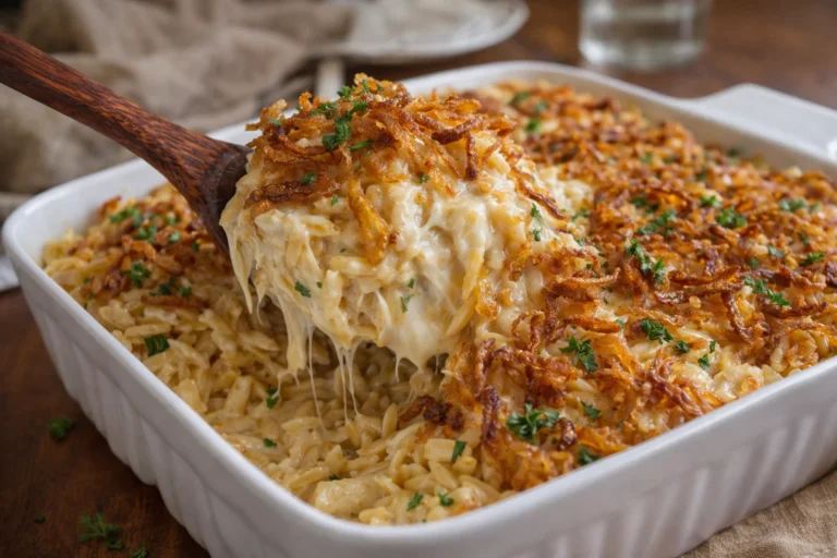 French Onion Chicken Orzo Casserole