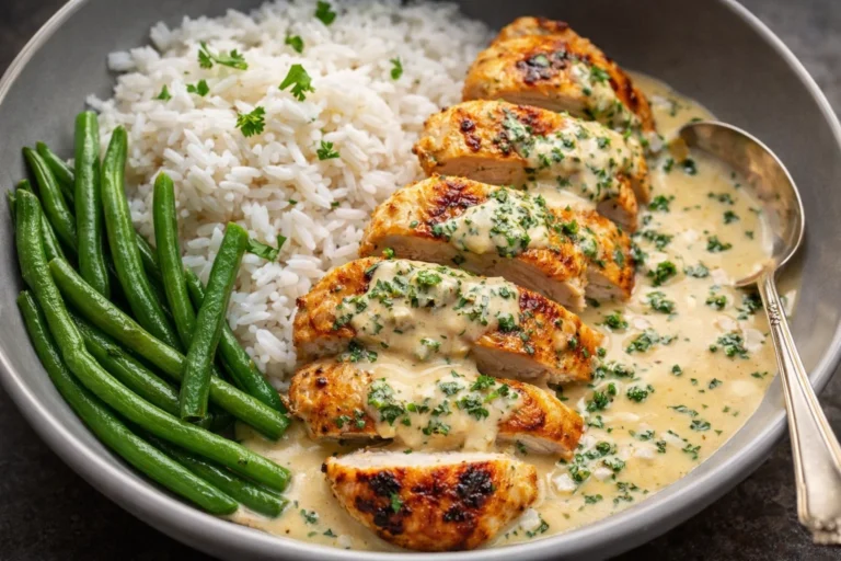 Creamy Herb Chicken with Green Beans and  Steamed Rice