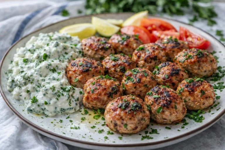 Delicious Greek Turkey Meatballs Served with Creamy Homemade Tzatziki Sauce