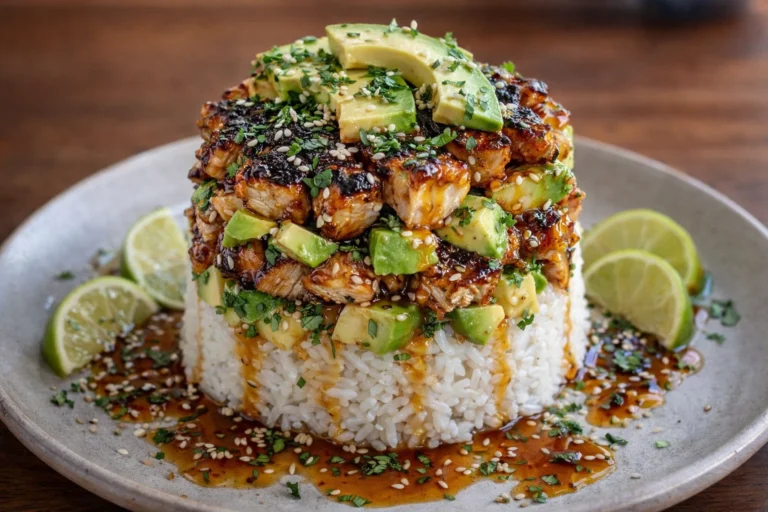 Honey Lime Chicken  Avocado Rice Stack