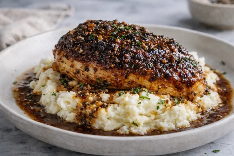 Glazed Garlic Herb Chicken Breast Over Creamy Mashed Potatoes with Pan Sauce