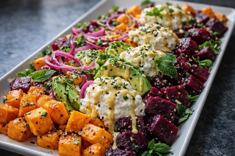 Roasted Beet, Sweet Potato  Avocado Salad with Whipped Ricotta  Lemon-Tahini Drizzle