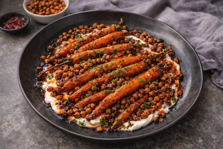 Spicy maple roast carrots with crispy chickpeas and yogurt sauce