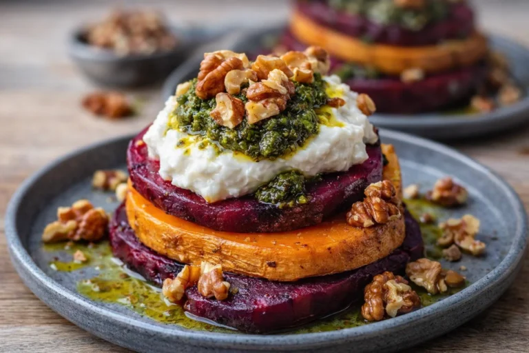 Sweet Potato  Beet Stacks with Pesto, Burrata  Walnuts