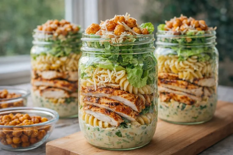 Meal Prep Grilled Chicken Caesar Pasta Salad Jars