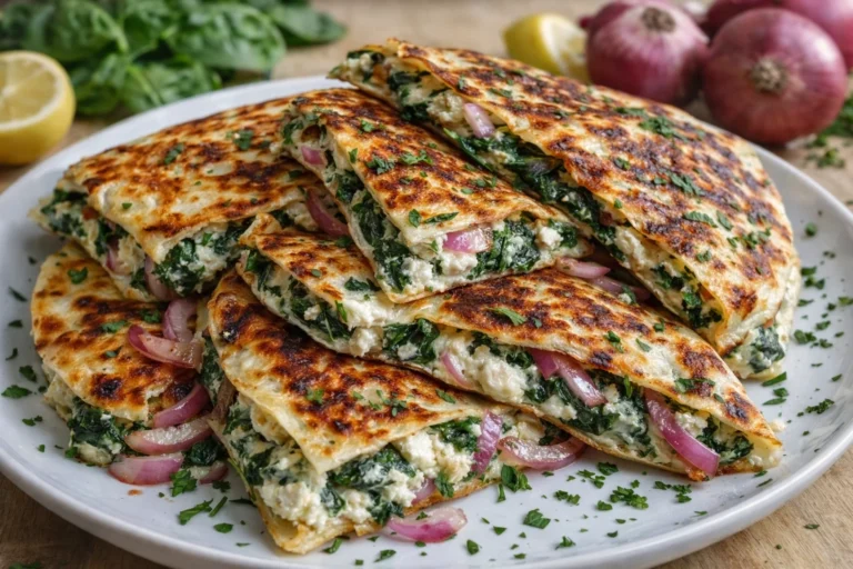 Mediterranean Quesadillas with Spinach Feta Mozzarella and Red Onion