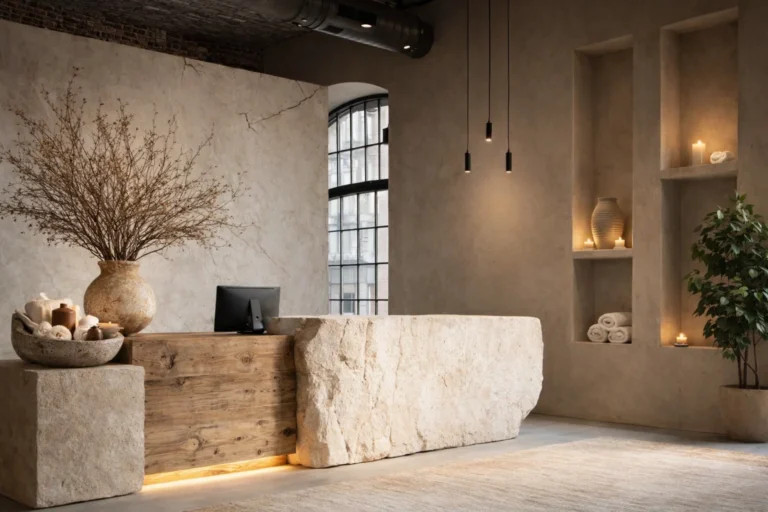 Minimalist wellness reception design, natural stone  wood interior