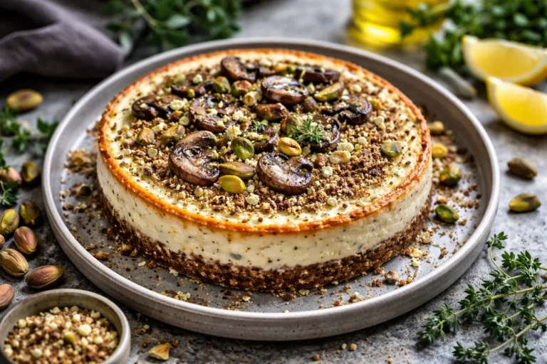 Pistachio and Mushroom Cheesecake with Feta  Parmesan Crust