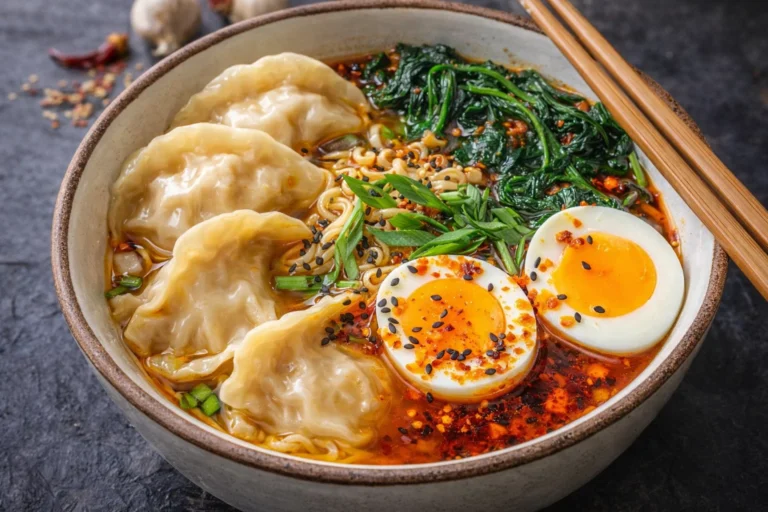Savory Dumpling Ramen Bowl with Soft-Boiled Eggs and Fresh Greens