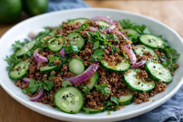 Spicy Korean Ground Beef with Cucumber Salad delights all