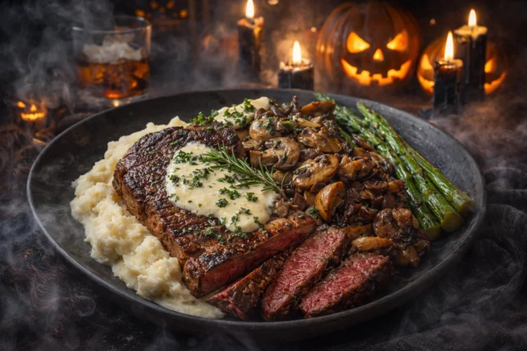 Steak with Haunted Bourbon Garlic Cream Sauce Recipe